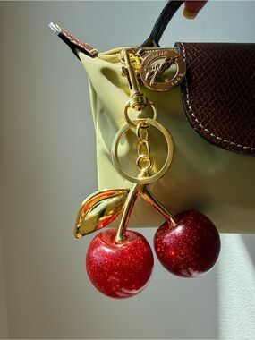 Gold Cherry Keychain with Red Glitter Charms